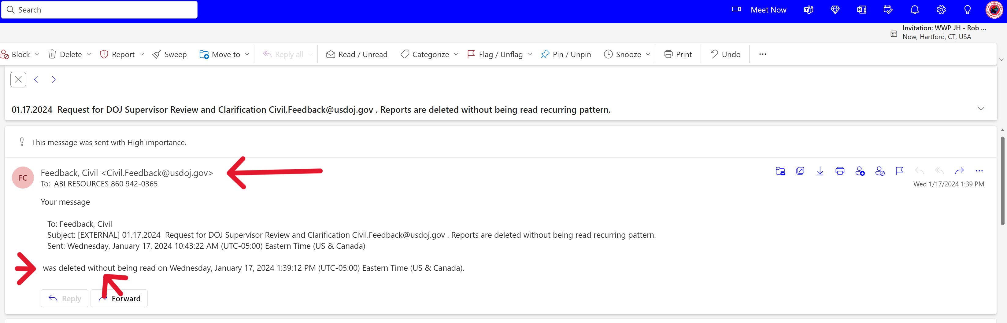 Forensic Evidence: david-medeiros-chro-2510184-20240117-doj-supervisor-review-request-civil-feedback-deleted-without-reading-david-medeiros-com-forensic-archive.png