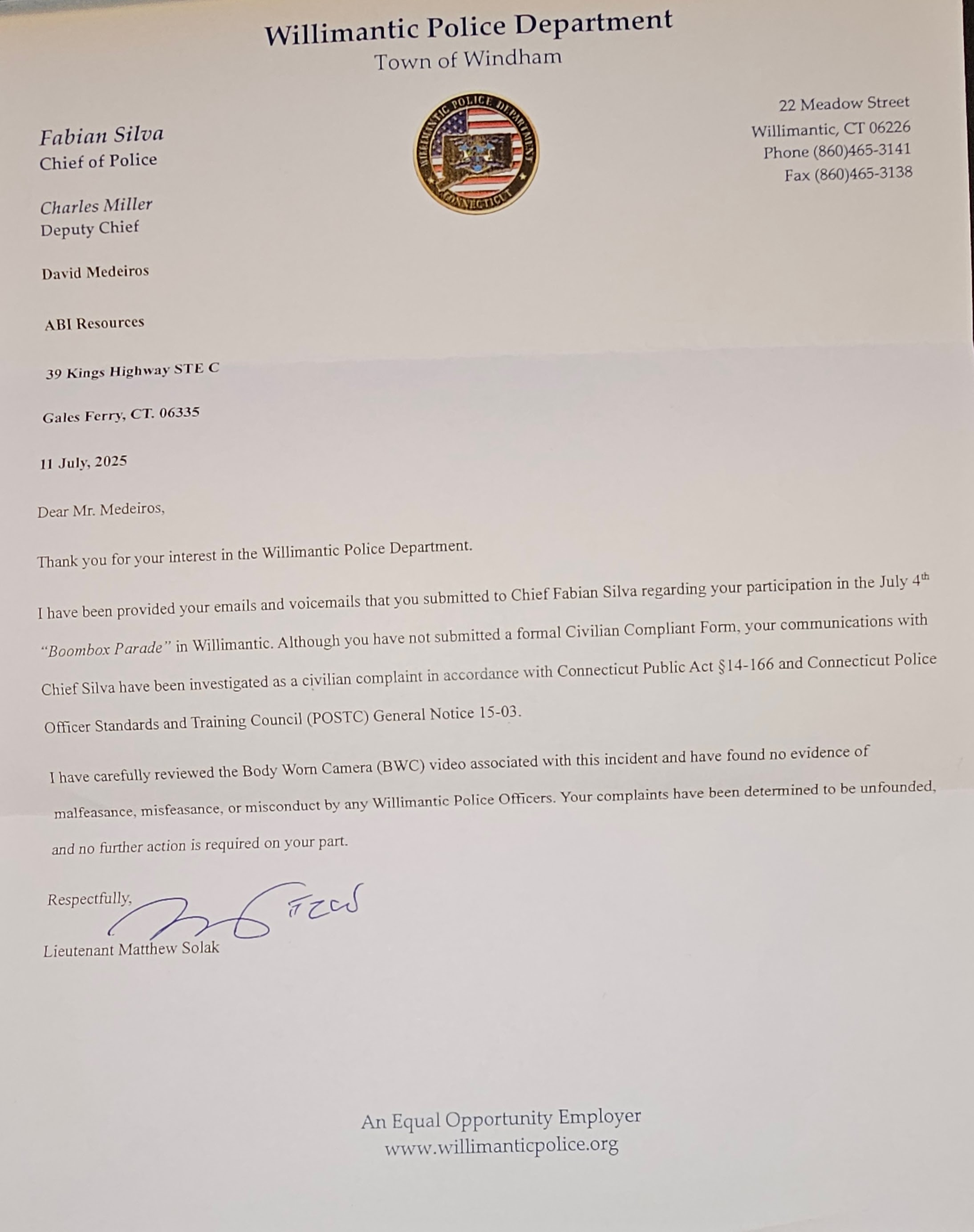 Forensic Evidence: david-medeiros-chro-2510184-20250711-willimantic-police-dismiss-july-4-complaint-no-ada-review-david-medeiros-com-forensic-archive.jpg