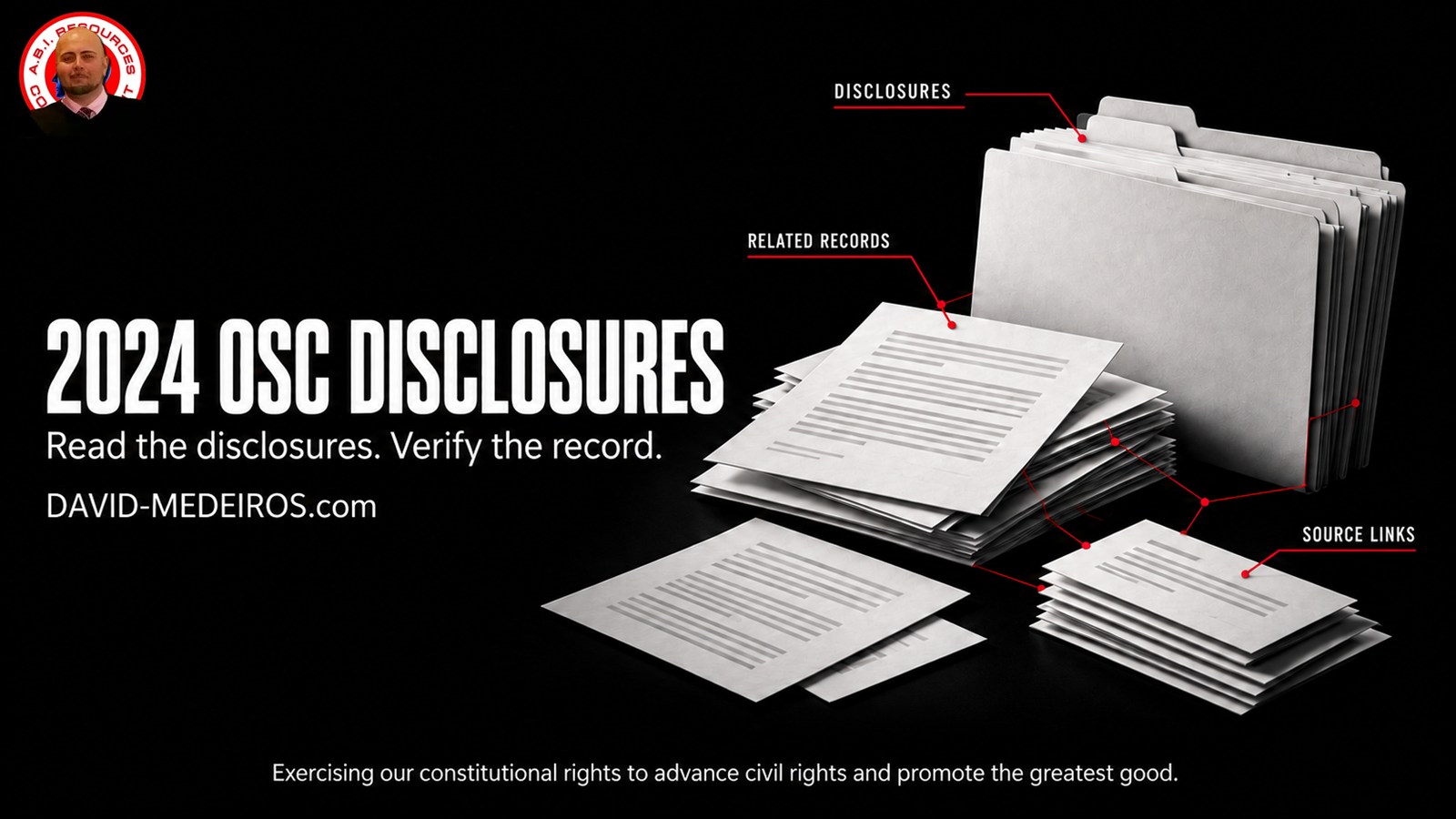 White document folders and abstract record sheets linked by thin red lines labeled Disclosures, Related Records and Source Links beside the 2024 OSC Disclosures heading and David Medeiros original icon.