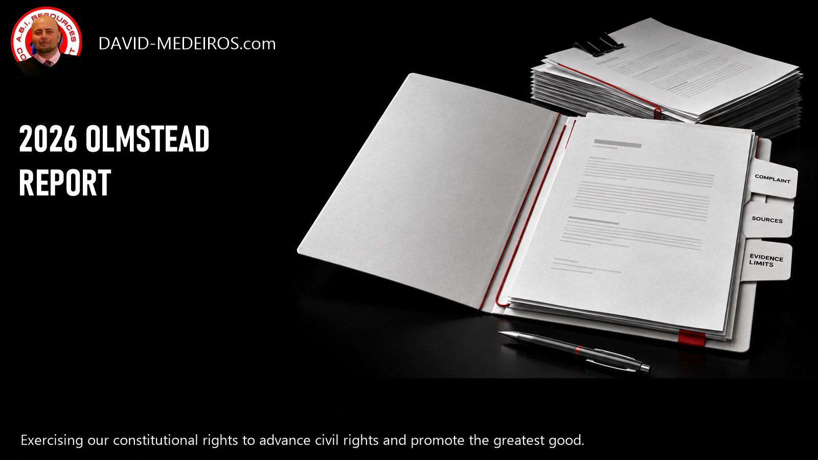 An open white report and separate source-document panel beside the 2026 Olmstead Report heading and David Medeiros original icon.