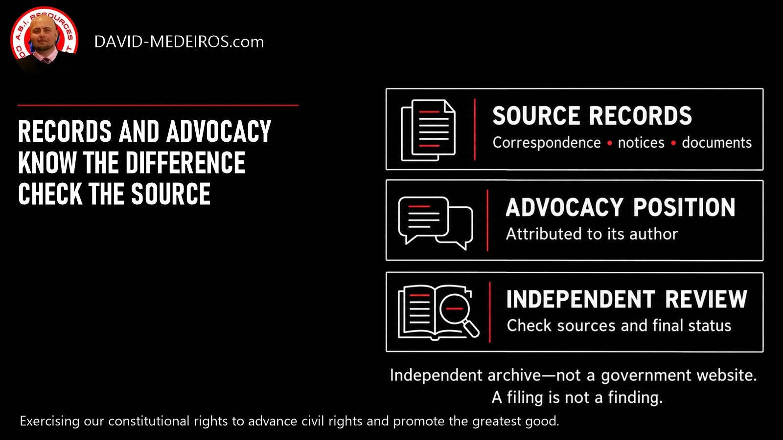 One archive, different kinds of information Preserved source records, attributed advocacy and independent review are separate categories with different evidence status.