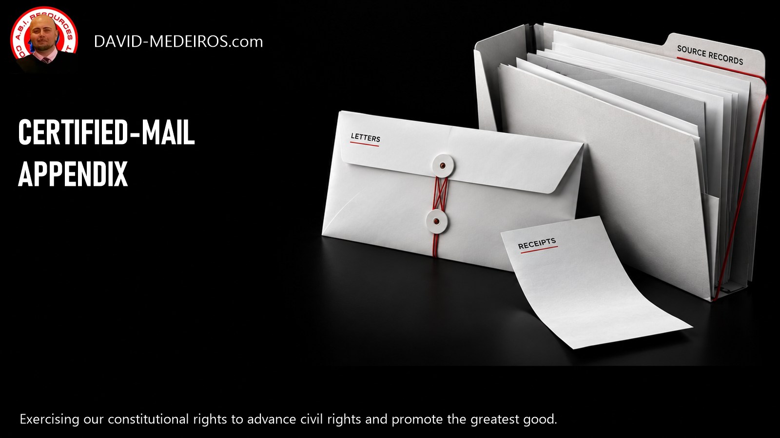 Certified-Mail Appendix - Read Receipts and Source Records A white envelope, neutral receipt sheet and open archive folder beside the Certified-Mail Appendix heading and David Medeiros original icon.