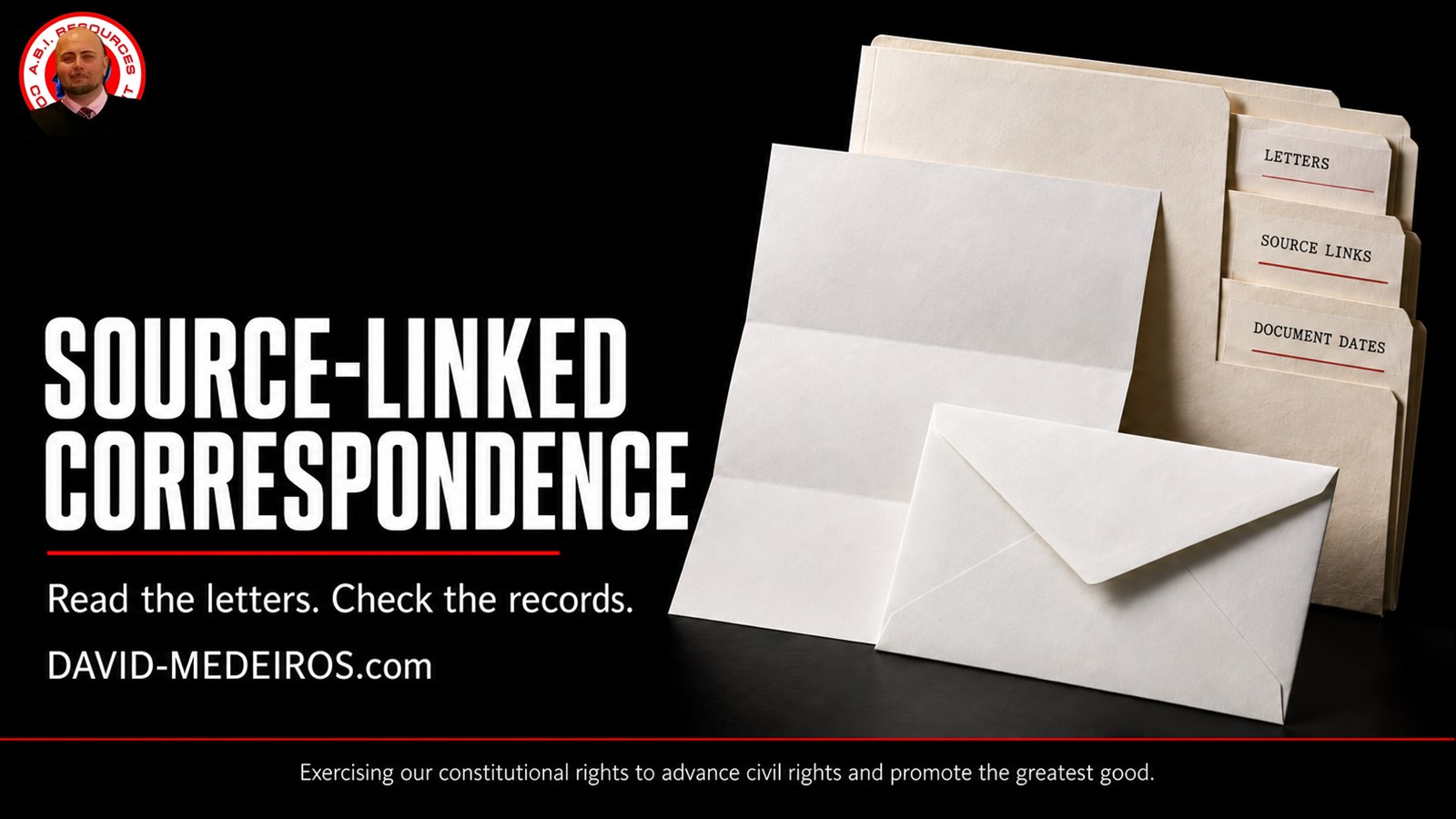 A white envelope, blank unfolded letter and archival folder with Letters, Source Links and Document Dates tabs beside the Source-Linked Correspondence heading and David Medeiros original icon.