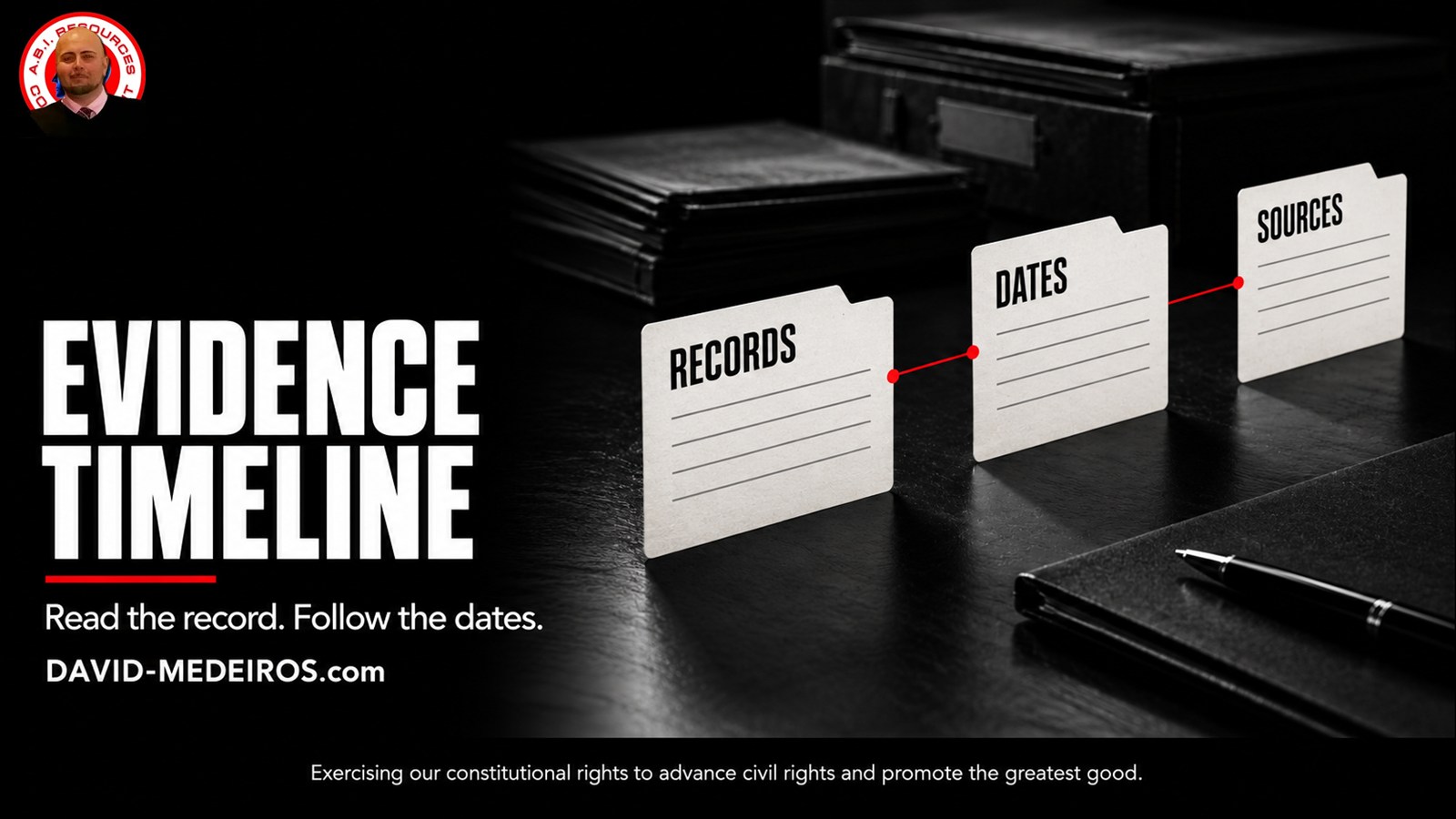 Evidence Timeline - Read the Record and Follow the Dates Three archival cards labeled Records, Dates and Sources linked by a thin red line beside the Evidence Timeline heading, with David Medeiros original icon in the upper-left corner.