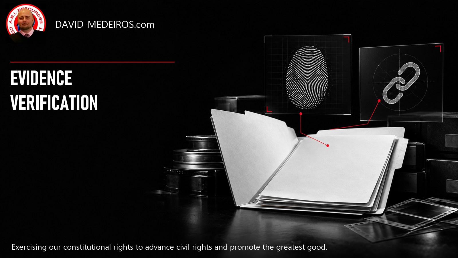 Evidence Verification - Compare File Identity and Source Context White fingerprint and link-symbol panels with an open folder beside the Evidence Verification heading and David Medeiros original icon.