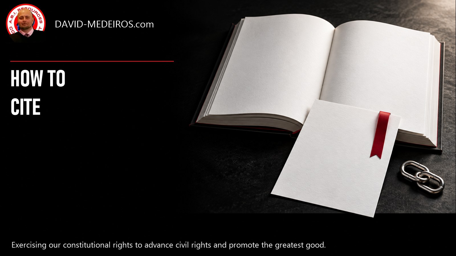 How to Cite - Record Identity and Source Links An open blank book, a white source page with a red bookmark and a metal link beside the How to Cite heading and David Medeiros original icon.