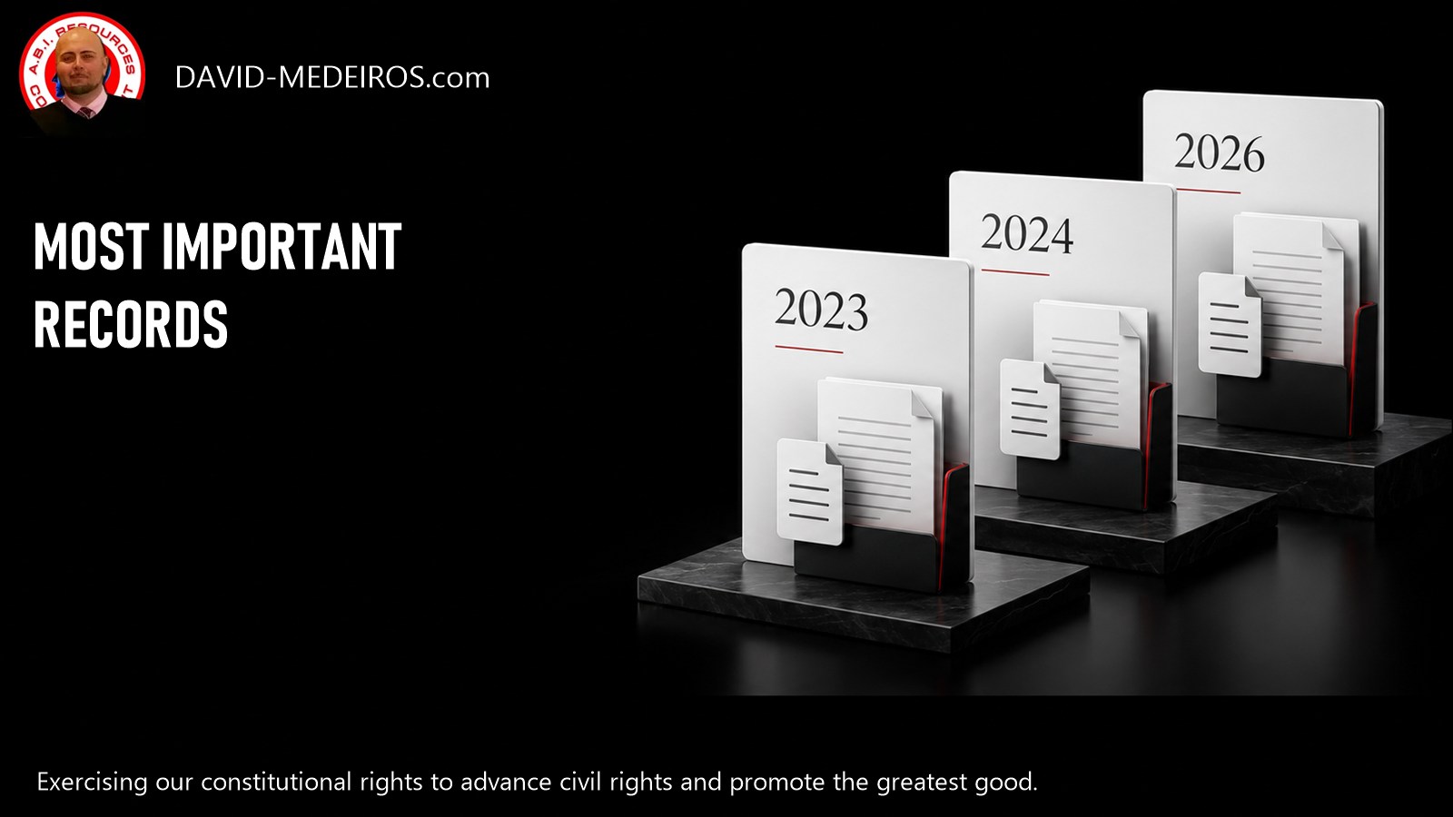 Most Important Records - Three Source-Linked Report Paths Three white report-access cards representing the selected 2023, 2024 and 2026 records beside the Most Important Records heading and David Medeiros original icon.