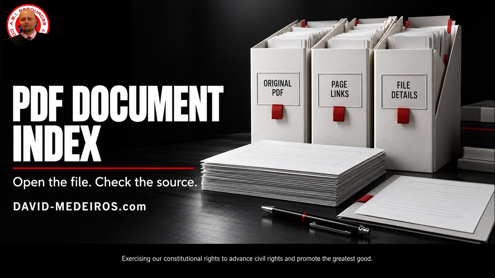 White document folders labeled Original PDF, Page Links and File Details beside the PDF Document Index heading, with David Medeiros original icon in the upper-left corner.