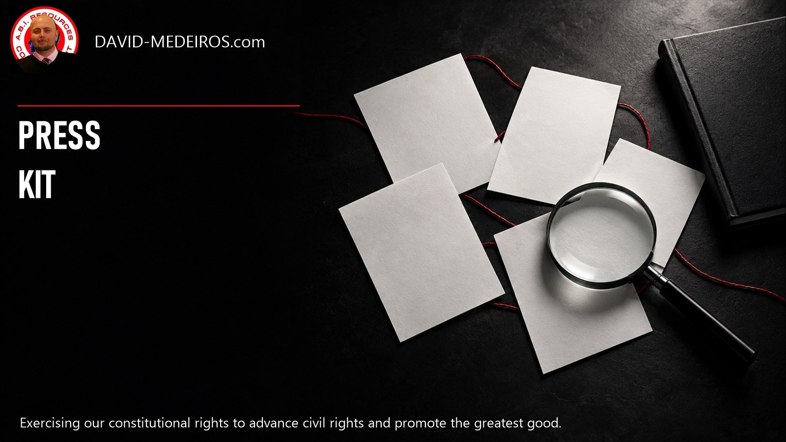 Press Kit - Source Records and Context Five blank white source cards, a magnifying glass and an unmarked notebook beside the Press Kit heading and David Medeiros original icon.