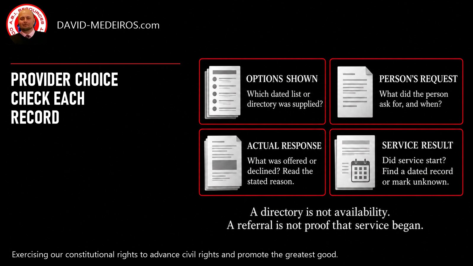 Four provider-choice questions compare the directory supplied, the person's request, the actual response and evidence of service starting. One record does not prove the next.