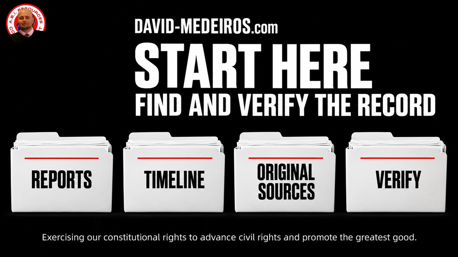 Start Here: Find and Verify the Record. Four folders labeled Reports, Timeline, Original Sources, and Verify, with David Medeiros's original icon in the upper-left.